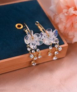 Colorful Floral Tassel Earrings for Women, Crystal Inlaid Water Drop Design, Niche Round Ear Clips, Trendy Statement Jewelry