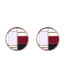 Colorful Geometric Patchwork Antique Style Round Clip-On Earrings - Elegant Retro Floating Enamel Design