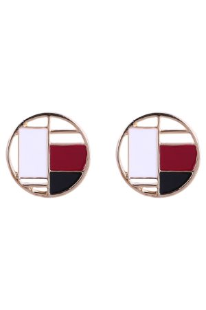 Colorful Geometric Patchwork Antique Style Round Clip-On Earrings - Elegant Retro Floating Enamel Design