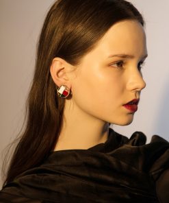 Colorful Geometric Patchwork Antique Style Round Clip-On Earrings - Elegant Retro Floating Enamel Design