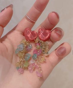 Colorful Heart-Shaped Crystal Tassel Drop Earrings for Women, Trendy 2025 Niche Studs and Mosquito Coil Plate Ear Clips