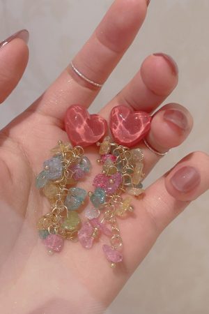 Colorful Heart-Shaped Crystal Tassel Drop Earrings for Women, Trendy 2025 Niche Studs and Mosquito Coil Plate Ear Clips