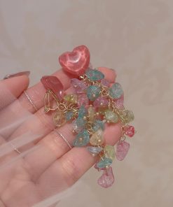 Colorful Heart-Shaped Crystal Tassel Drop Earrings for Women, Trendy 2025 Niche Studs and Mosquito Coil Plate Ear Clips