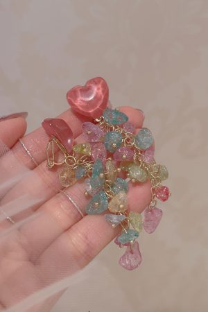 Colorful Heart-Shaped Crystal Tassel Drop Earrings for Women, Trendy 2025 Niche Studs and Mosquito Coil Plate Ear Clips