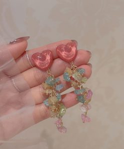 Colorful Heart-Shaped Crystal Tassel Drop Earrings for Women, Trendy 2025 Niche Studs and Mosquito Coil Plate Ear Clips
