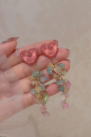Colorful Heart-Shaped Crystal Tassel Drop Earrings for Women, Trendy 2025 Niche Studs and Mosquito Coil Plate Ear Clips