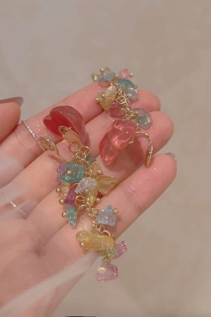 Colorful Heart-Shaped Crystal Tassel Drop Earrings for Women, Trendy 2025 Niche Studs and Mosquito Coil Plate Ear Clips