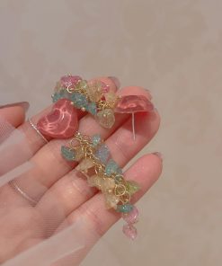 Colorful Heart-Shaped Crystal Tassel Drop Earrings for Women, Trendy 2025 Niche Studs and Mosquito Coil Plate Ear Clips