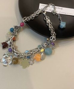 Colorful Heavy Metal Flower Necklace - Vacation Style Clavicle Chain Accessory for Sweet and Spicy Girls, Trendy Boho Fashion Statement