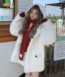 Colorful Hooded Top for Women, Autumn Design Short Jacket in Lamb Wool with Toggle Closure, Cute & Cozy Fashion Layering Piece