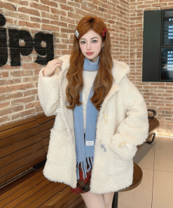 Colorful Hooded Top for Women, Autumn Design Short Jacket in Lamb Wool with Toggle Closure, Cute & Cozy Fashion Layering Piece