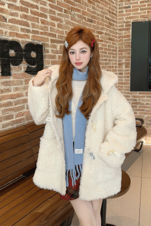 Colorful Hooded Top for Women, Autumn Design Short Jacket in Lamb Wool with Toggle Closure, Cute & Cozy Fashion Layering Piece