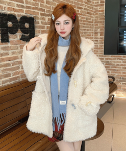 Colorful Hooded Top for Women, Autumn Design Short Jacket in Lamb Wool with Toggle Closure, Cute & Cozy Fashion Layering Piece