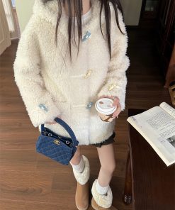 Colorful Hooded Top for Women, Autumn Design Short Jacket in Lamb Wool with Toggle Closure, Cute & Cozy Fashion Layering Piece