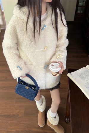 Colorful Hooded Top for Women, Autumn Design Short Jacket in Lamb Wool with Toggle Closure, Cute & Cozy Fashion Layering Piece