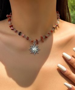 Colorful Irregular Stone Choker Necklace with Mushroom Sun Pendant - European American Spicy Girl Style Fantasy Jewelry