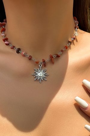 Colorful Irregular Stone Choker Necklace with Mushroom Sun Pendant - European American Spicy Girl Style Fantasy Jewelry