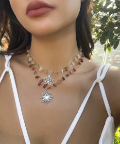 Colorful Irregular Stone Choker Necklace with Mushroom Sun Pendant - European American Spicy Girl Style Fantasy Jewelry