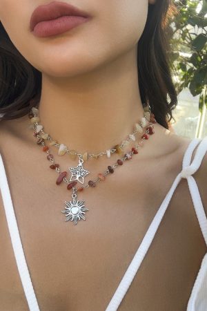 Colorful Irregular Stone Choker Necklace with Mushroom Sun Pendant - European American Spicy Girl Style Fantasy Jewelry