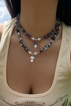 Colorful Irregular Stone Choker Necklace with Mushroom Sun Pendant - European American Spicy Girl Style Fantasy Jewelry