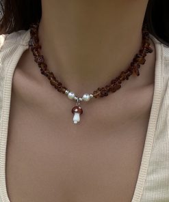 Colorful Irregular Stone Choker Necklace with Mushroom Sun Pendant - European American Spicy Girl Style Fantasy Jewelry