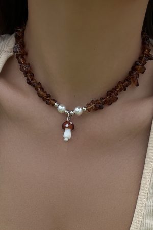 Colorful Irregular Stone Choker Necklace with Mushroom Sun Pendant - European American Spicy Girl Style Fantasy Jewelry