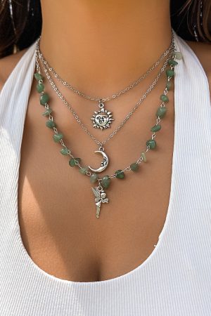 Colorful Irregular Stone Choker Necklace with Mushroom Sun Pendant - European American Spicy Girl Style Fantasy Jewelry