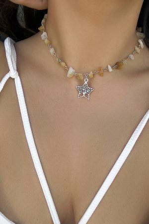 Colorful Irregular Stone Choker Necklace with Mushroom Sun Pendant - European American Spicy Girl Style Fantasy Jewelry