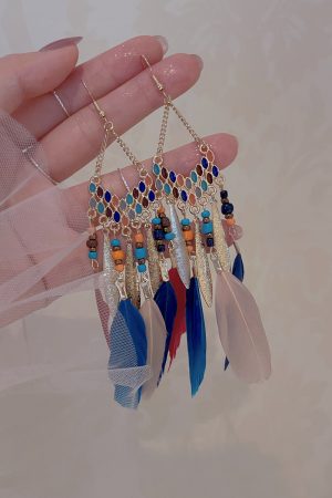 Colorful Peacock Feather Earrings for Women, Ethnic Exotic Design, Tibetan Yunnan Travel Hook Earrings, Fairy-Inspired Boho Jewelry
