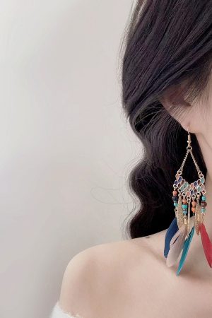 Colorful Peacock Feather Earrings for Women, Ethnic Exotic Design, Tibetan Yunnan Travel Hook Earrings, Fairy-Inspired Boho Jewelry