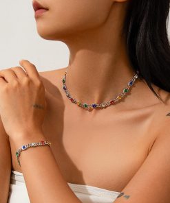 Colorful Rhinestone Spliced Necklace for Women - Simple Sweet Cool Single-Layer Pastoral Style Jewelry, European and American Design