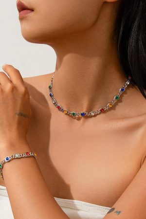 Colorful Rhinestone Spliced Necklace for Women - Simple Sweet Cool Single-Layer Pastoral Style Jewelry, European and American Design