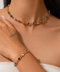 Colorful Rhinestone Spliced Necklace for Women - Simple Sweet Cool Single-Layer Pastoral Style Jewelry, European and American Design