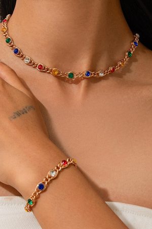 Colorful Rhinestone Spliced Necklace for Women - Simple Sweet Cool Single-Layer Pastoral Style Jewelry, European and American Design