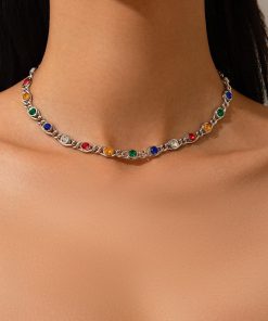 Colorful Rhinestone Spliced Necklace for Women - Simple Sweet Cool Single-Layer Pastoral Style Jewelry, European and American Design