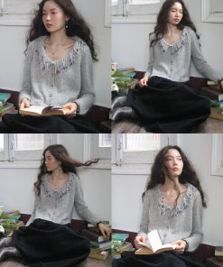 Colorful Sequin Swan Collar Tassel Beaded Knitted Cardigan - Soft Plush Y2K Style Sweater for Trendy Layering