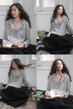 Colorful Sequin Swan Collar Tassel Beaded Knitted Cardigan - Soft Plush Y2K Style Sweater for Trendy Layering