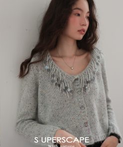 Colorful Sequin Swan Collar Tassel Beaded Knitted Cardigan - Soft Plush Y2K Style Sweater for Trendy Layering