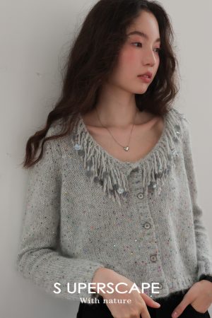 Colorful Sequin Swan Collar Tassel Beaded Knitted Cardigan - Soft Plush Y2K Style Sweater for Trendy Layering