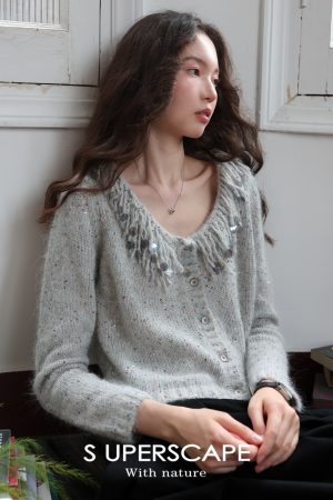 Colorful Sequin Swan Collar Tassel Beaded Knitted Cardigan - Soft Plush Y2K Style Sweater for Trendy Layering