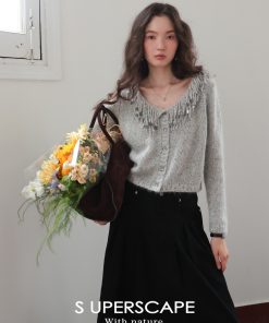 Colorful Sequin Swan Collar Tassel Beaded Knitted Cardigan - Soft Plush Y2K Style Sweater for Trendy Layering