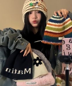 Colorful Striped Woolen Bucket Hat - Retro Korean Style Knitted Hat for Autumn Winter, Warm Slouchy Design with Ear Protection