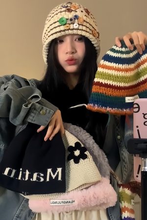 Colorful Striped Woolen Bucket Hat - Retro Korean Style Knitted Hat for Autumn Winter, Warm Slouchy Design with Ear Protection