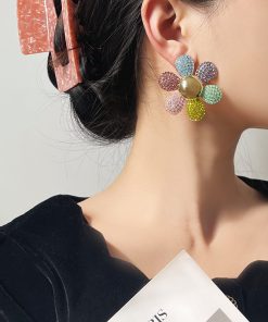 Colorful Sunflower Earrings for Women - Long Exaggerated Floral Design with Full Diamond Accents, 2025 Trendy Statement Jewelry