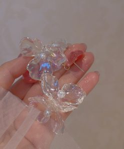 Colorful Transparent Petal Earrings for Women - Long Pink Heart-Shaped Seaside Vacation Ear Accessories, Mosquito Coil Ear Clips