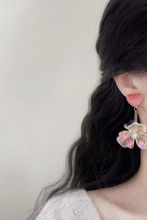 Colorful Transparent Petal Earrings for Women - Long Pink Heart-Shaped Seaside Vacation Ear Accessories, Mosquito Coil Ear Clips