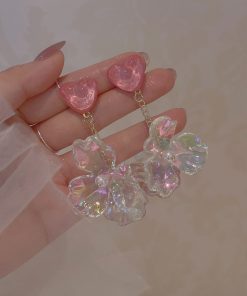 Colorful Transparent Petal Earrings for Women - Long Pink Heart-Shaped Seaside Vacation Ear Accessories, Mosquito Coil Ear Clips