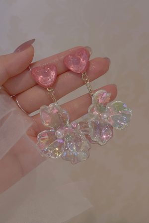 Colorful Transparent Petal Earrings for Women - Long Pink Heart-Shaped Seaside Vacation Ear Accessories, Mosquito Coil Ear Clips