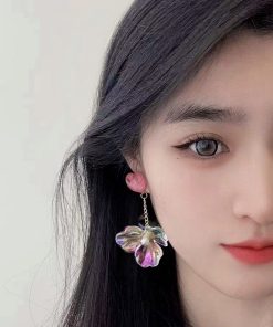 Colorful Transparent Petal Earrings for Women - Long Pink Heart-Shaped Seaside Vacation Ear Accessories, Mosquito Coil Ear Clips