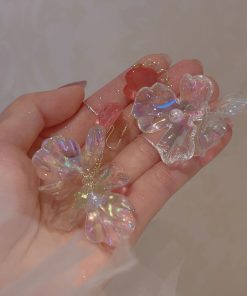 Colorful Transparent Petal Earrings for Women - Long Pink Heart-Shaped Seaside Vacation Ear Accessories, Mosquito Coil Ear Clips